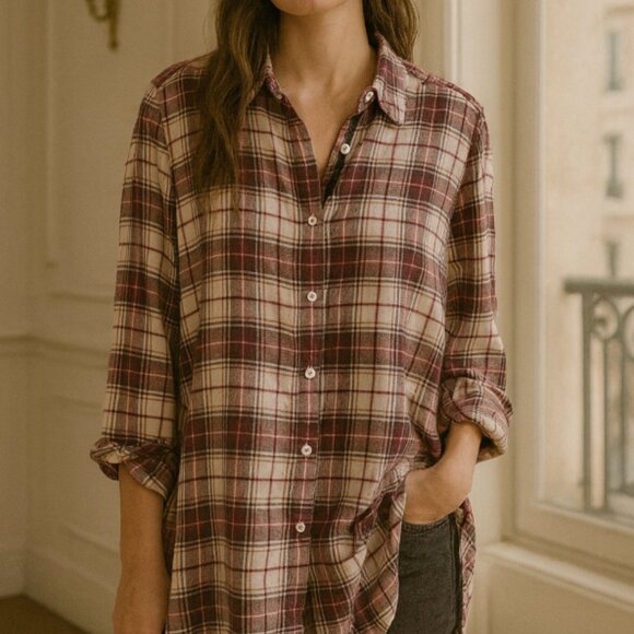 Johnny Was 3J Workshop Lorie Plaid Embroidered Shirt Burgundy M - Picture 1 of 10